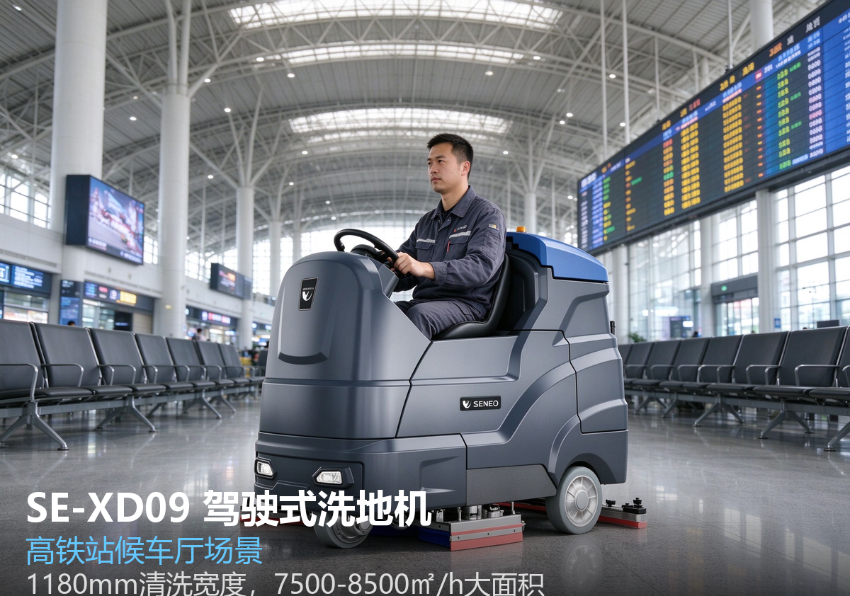 高铁站/机场大面积清洁方案：大犀SE-XD09重型洗地机高效作业